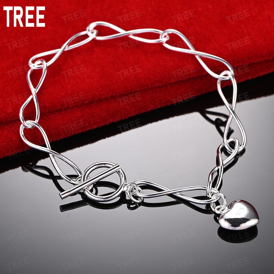 925 Sterling Silver Simple Heart-Shaped Beautiful and Charming Bracelet Gift Jewelry 20CM