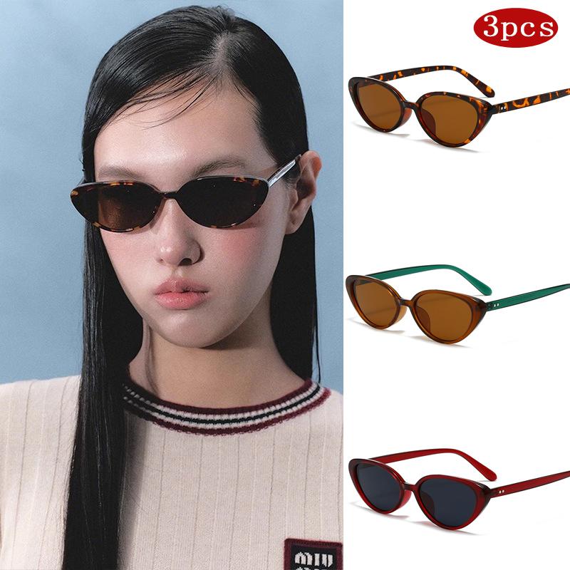 3pcs Vintage Cat Eye Sunglasses Women Anti-UV Glasses Small Oval Simple Design Eyewear Retro Men Rivets Sun Glasses Oculus
