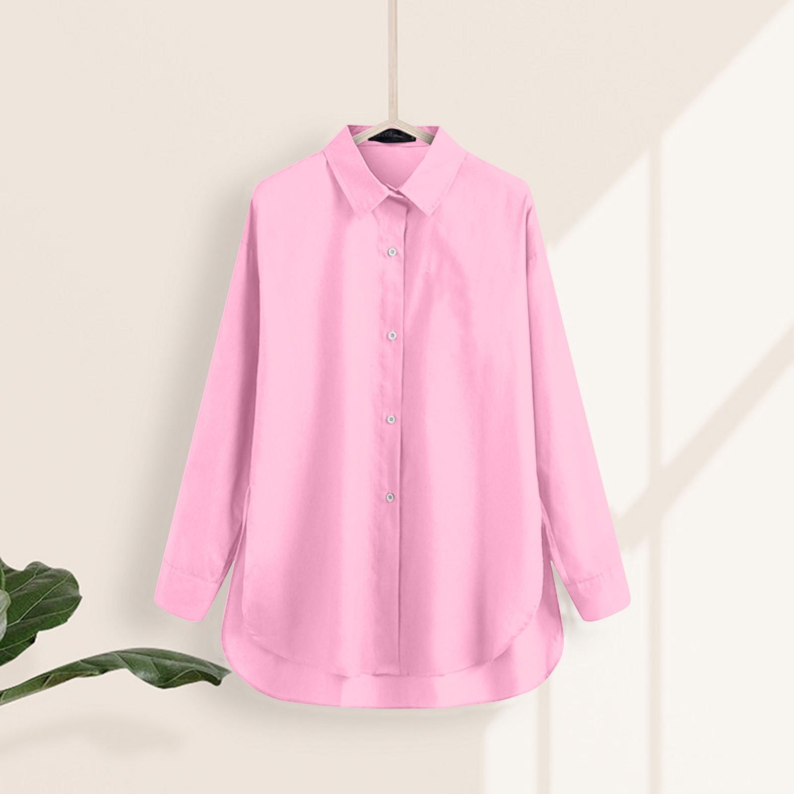 Women s Fashion Loose Casual Button Long Sleeve Irregular Shirt Top XXL розовый