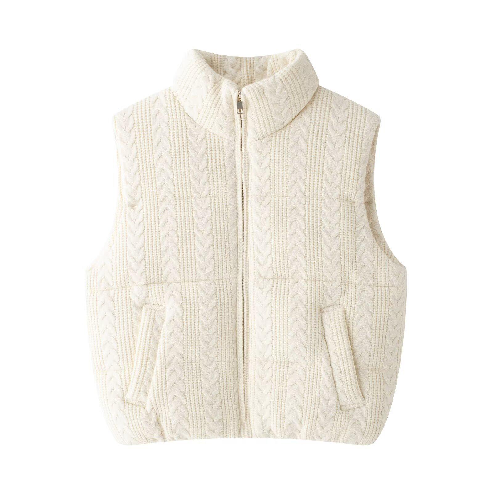 

Женский осенне-зимний 2024 уличный вязаный хлопковый жилет со стойкой - европейский и американский стиль. Large грязно-белый