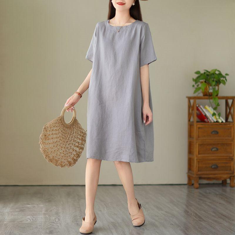 Cotton Linen Dress Female Summer Large Size Loose Simple Mid-length Round Neck Simple Skirt