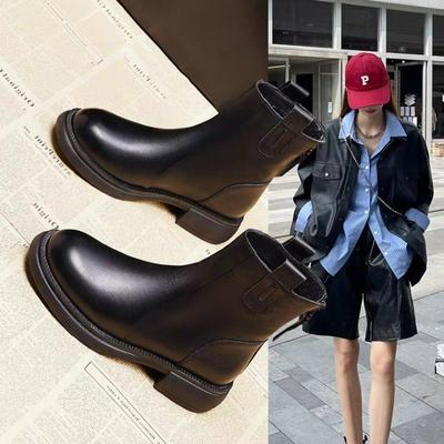 Winter Soft Leather Boots Women's New Autumn Flat-bottomed Rear Zipper Single Boots Velvet Martin Boots Short Boots