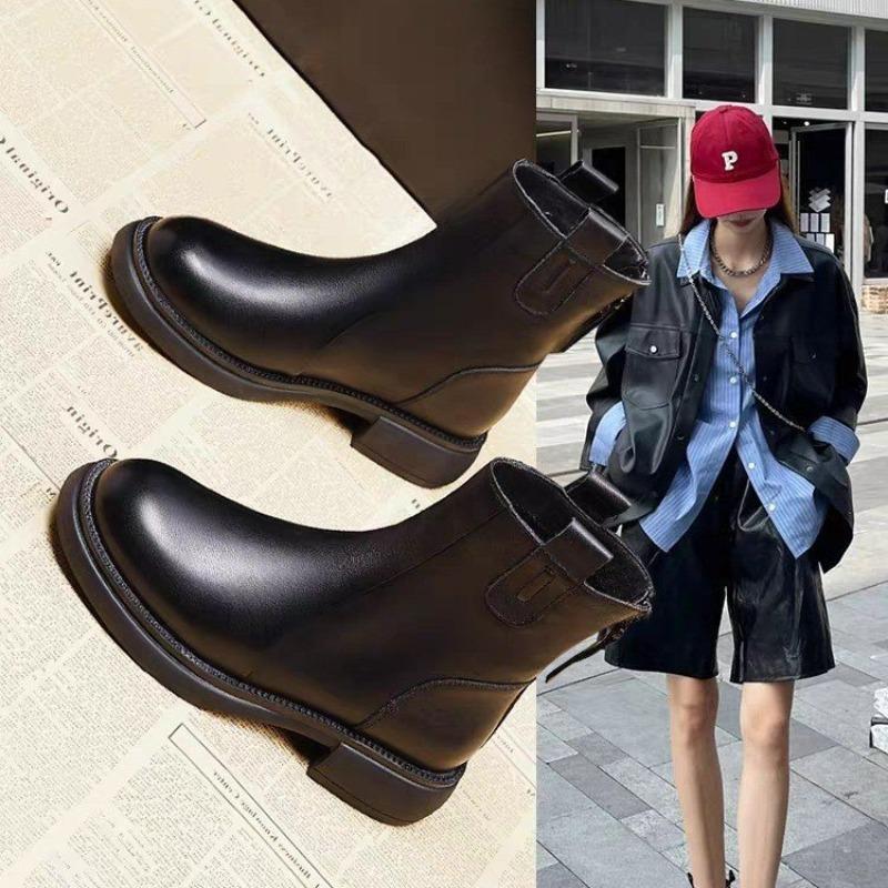 Winter Soft Leather Boots Women's New Autumn Flat-bottomed Rear Zipper Single Boots Velvet Martin Boots Short Boots