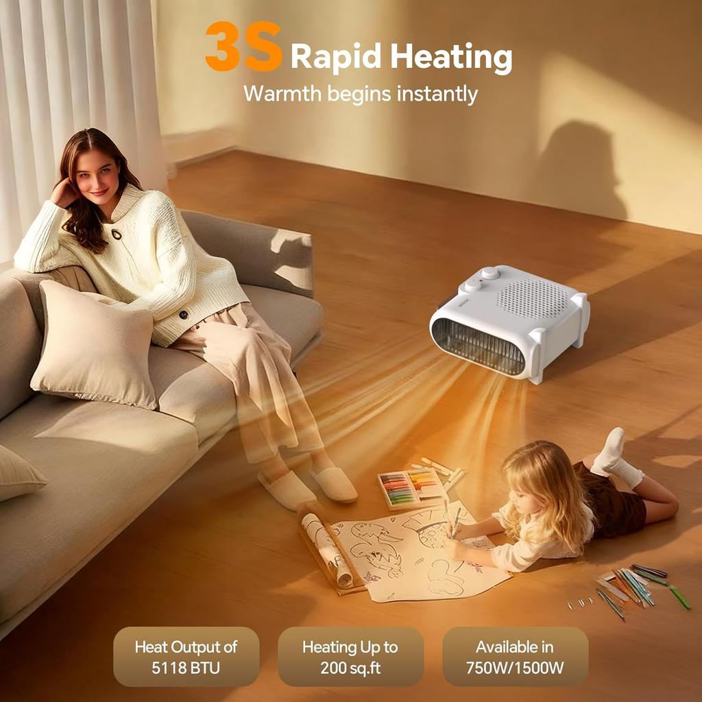 Portable 1500W/750W Indoor Space Heater with Thermostat, Quiet Under-Desk Fan Heater for Bedroom, Office, Bathroom, White
