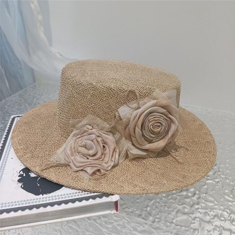 

Ins Chic Summer Natural Raffia Patchwork Penthorum Double Grass Flower Lady Panama Fedoras Cap Womens Casual Jazz Hat head size 57cm