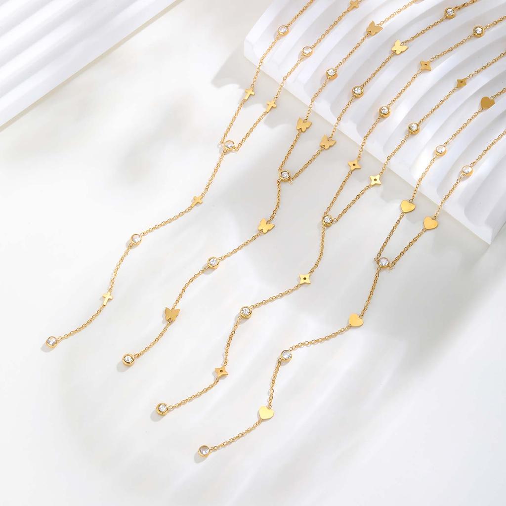 Classic Cross Zircon Y-shaped Necklace for Women,Butterfly Heart Shaped Choker Necklaces,Gold Color Stainless Steel Jewelry Gift