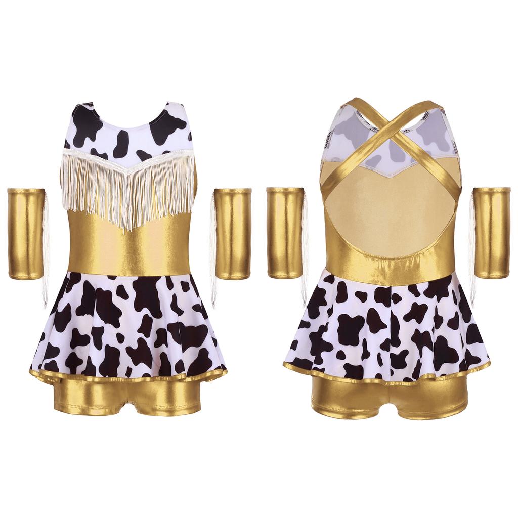 Girls Cowgirl Costume for Cosplay Party Metallic Gloss Cross Back Straps Fringed Dress with Built-in Shorts