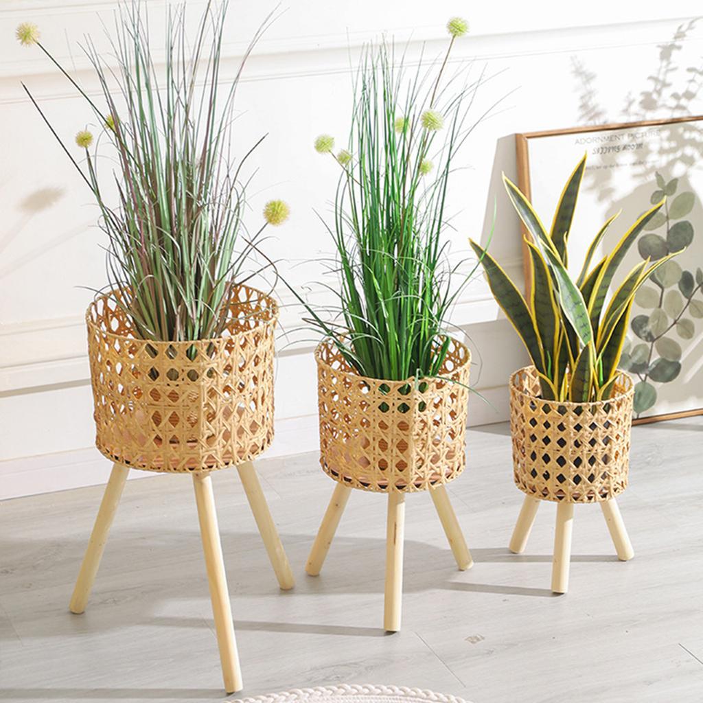 Rattan Indoor Plant Stand Handwoven Flowerpots Stool with Legs Floor Planter Basket Rack Plant Shelf for Garden Home