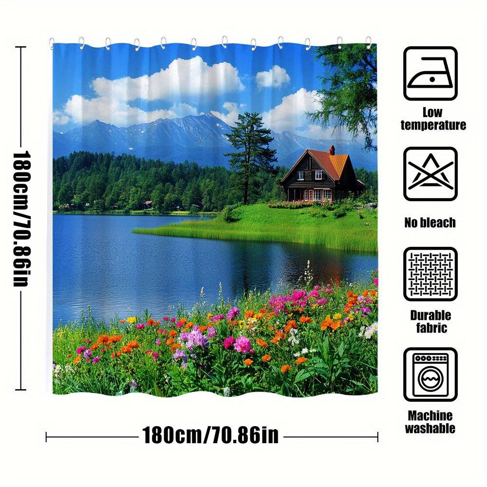 1Pc Extra Long Bathroom Curtain - Lakeside Cottage Bath Decor With Rustic Red Roof House, Wildflower Garden, Snowy Mountains