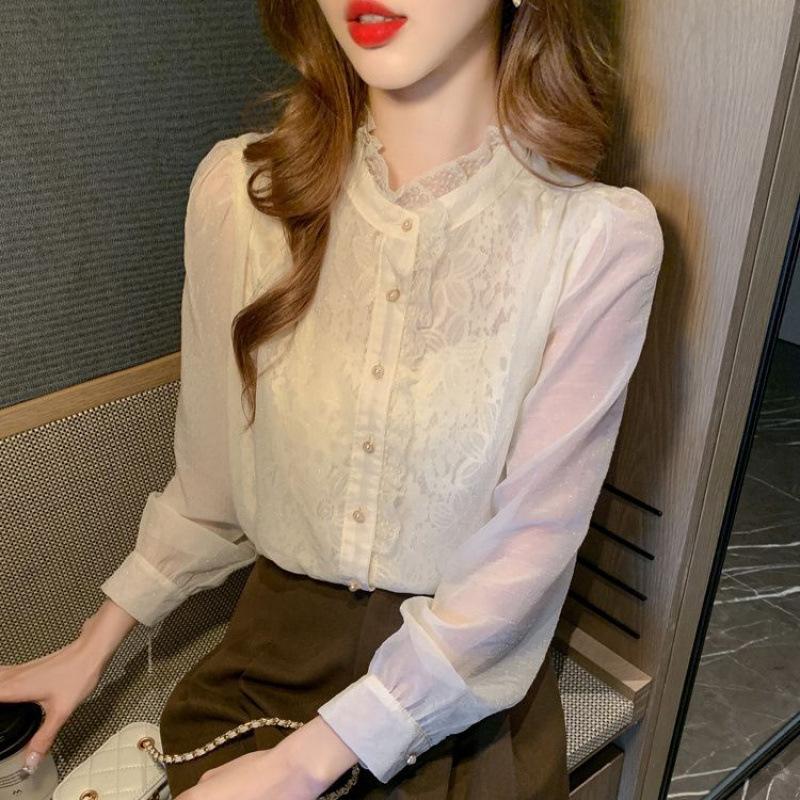 

Французская милая шифоновая рубашка с бахромой для женщин, свободная и элегантная, топ с длинным рукавом в качестве базового слоя для осени и зимы S