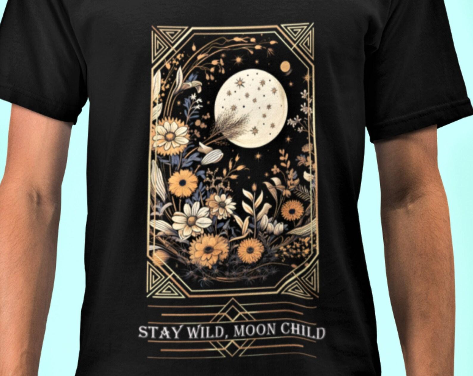 Moon Child T-Shirt: Wildflower Night Garden, Mystical Design M
