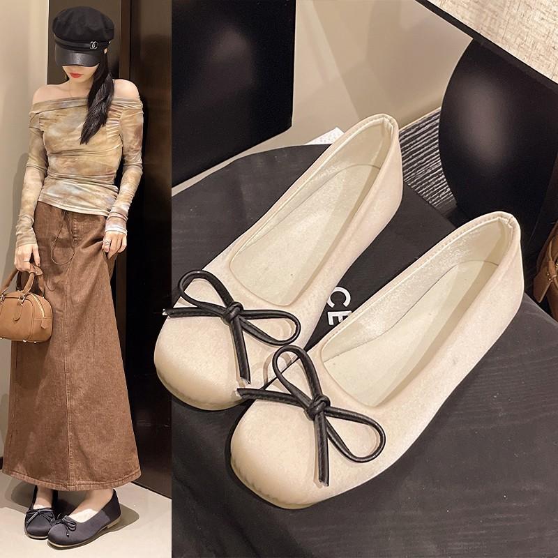 French bow round head ballet shoes fairy shoes flat gentle evening shoes summer new women's small single shoes