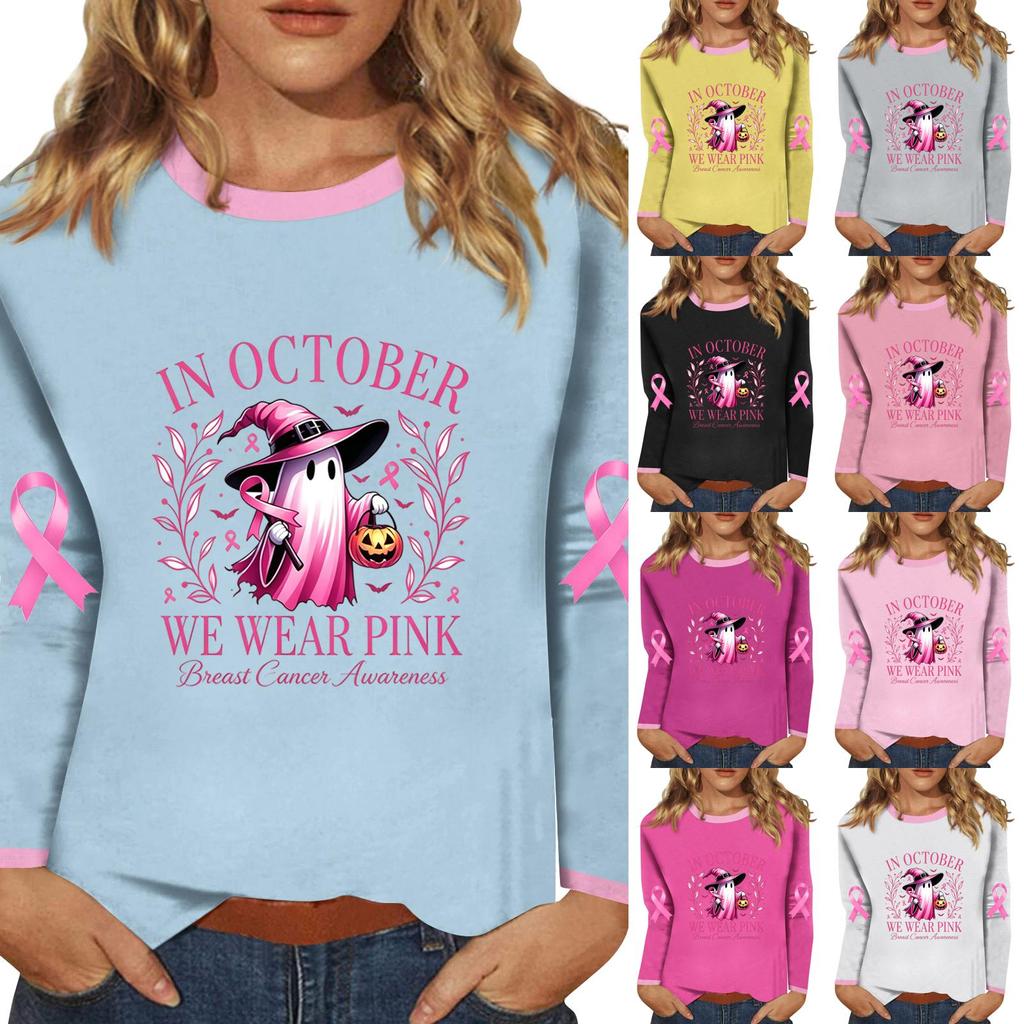 Women's Casual Long Sleeve Neck Top with Breast Ribbon Print