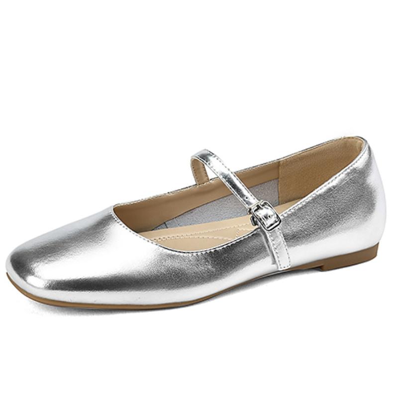 Fashion Loafer Women Flats Comfortable Genuine Leather Silver Nude Mary Janes Shoes Casual Flat Shoes Ladies Large Size 48