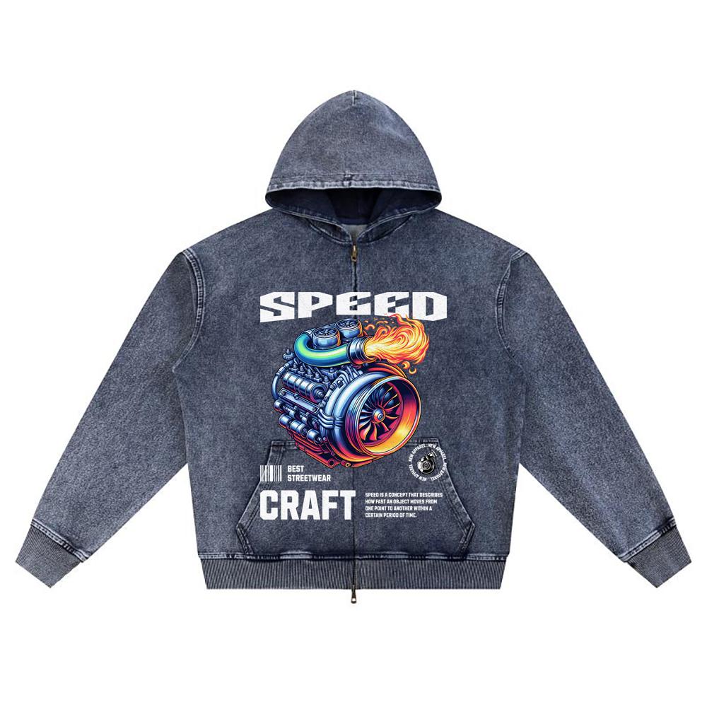DTG Print Knitted Denim Zip-Up Hoodie Speed Craft Brother Print Zipper Hoodies  
