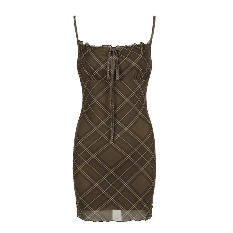 

Летнее винтажное клетчатое платье на подтяжках для женщин, сетчатое лоскутное сексуальное бандажное мини-платье, женские праздничные тонкие пляжные платья без рукавов для отпуска, женские S коричневый