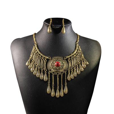 Retro Water Drop Pendant Necklace, Personalized Exaggerated Ethnic Style Geometric Round Jewelry Set