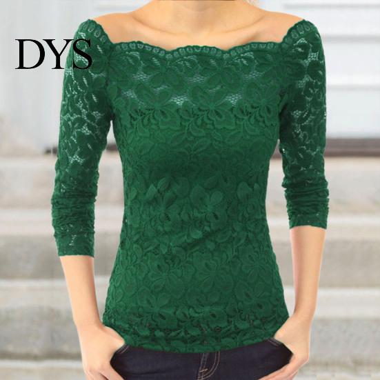 Off-shoulder spetsblus Damtoppar Asymmetrisk krage Långärmad skjorta Genombruten Enlinje Sömmad Enfärgad Smal passform Broderi Blommig topp