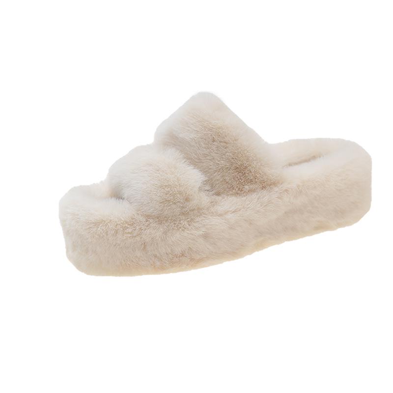 Large Cross-Fur Women's Slippers - Thick, Flat-Bottomed, Warm & Stylish for Spring, Autumn, Winter