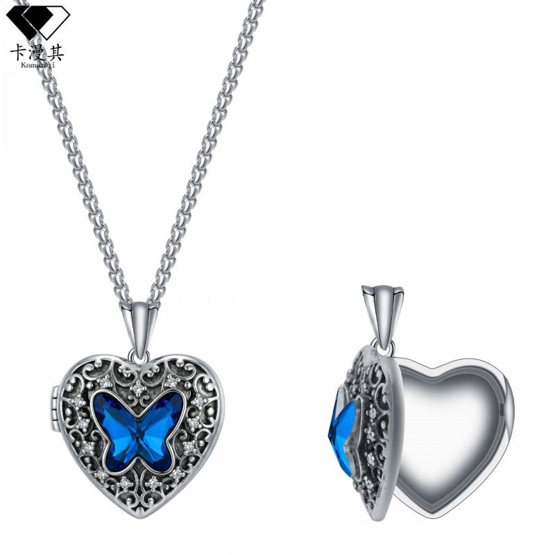 Elegant Blue Crystal Butterfly Photo Locket Necklace Copper Plated With Zirconia Women Blue Zircon Butterfly Photo Frame Pendant Necklace