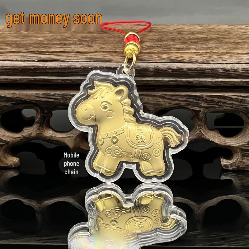 Gold Foil Cartoon Lucky Cat & Horse Phone Lanyard Keychain Pendant Gift