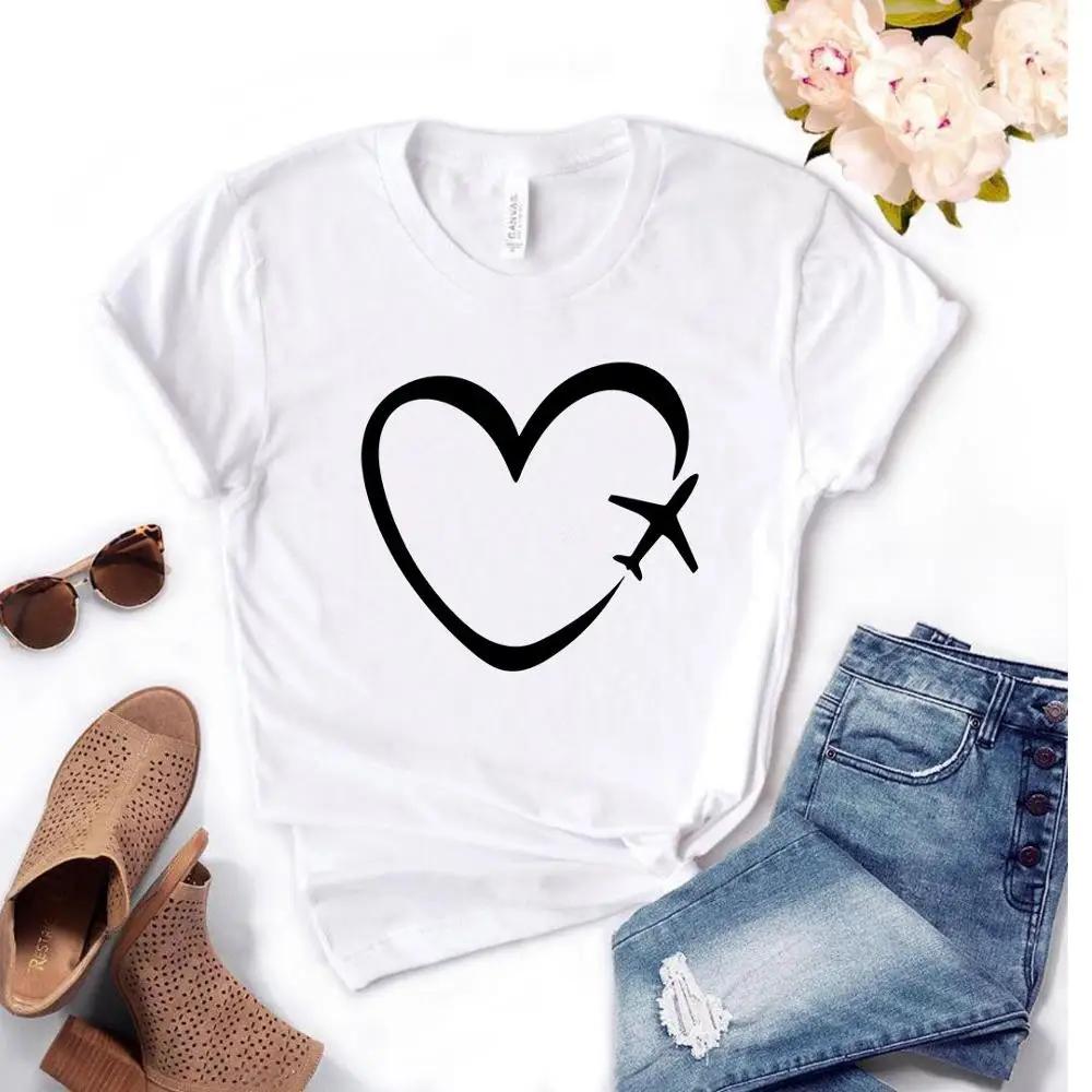 Travel Plane Heart Love Print Women Tshirt Casual Funny T Shirt Girl Top Graphic Fashion Top Clothing Harajuku Sleeve Casual