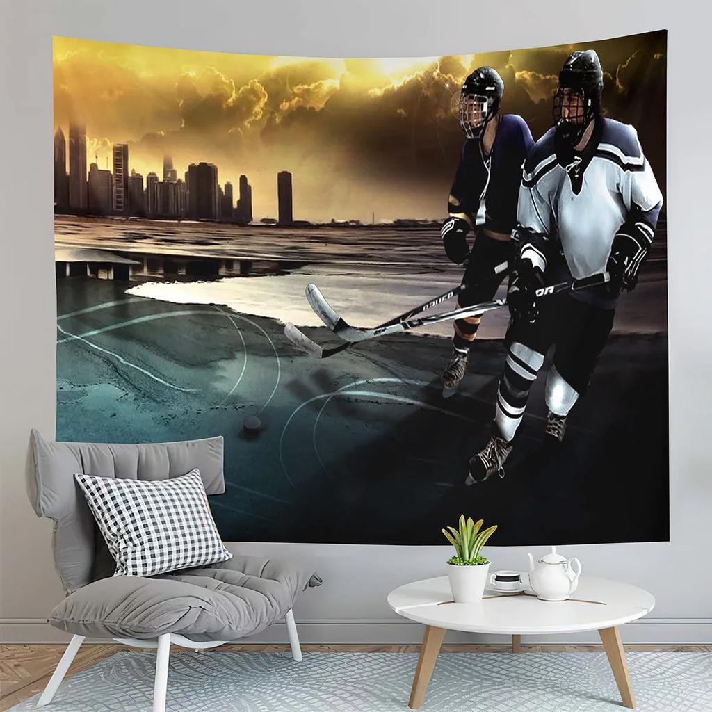 Ice Hockey Player and Puck Tapestry Modern Sport Illustration Tapestry Aesthetic Home Decor Tapestry for Living Room Bedroom