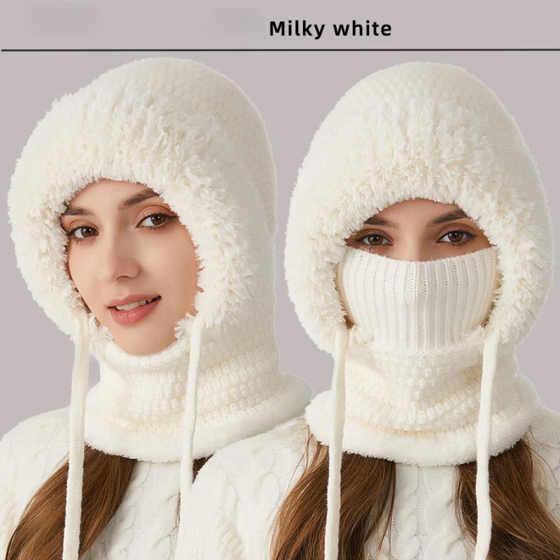 One-piece hat plus velvet thickened face-covering knitted hat, bib, mask, warmth kit