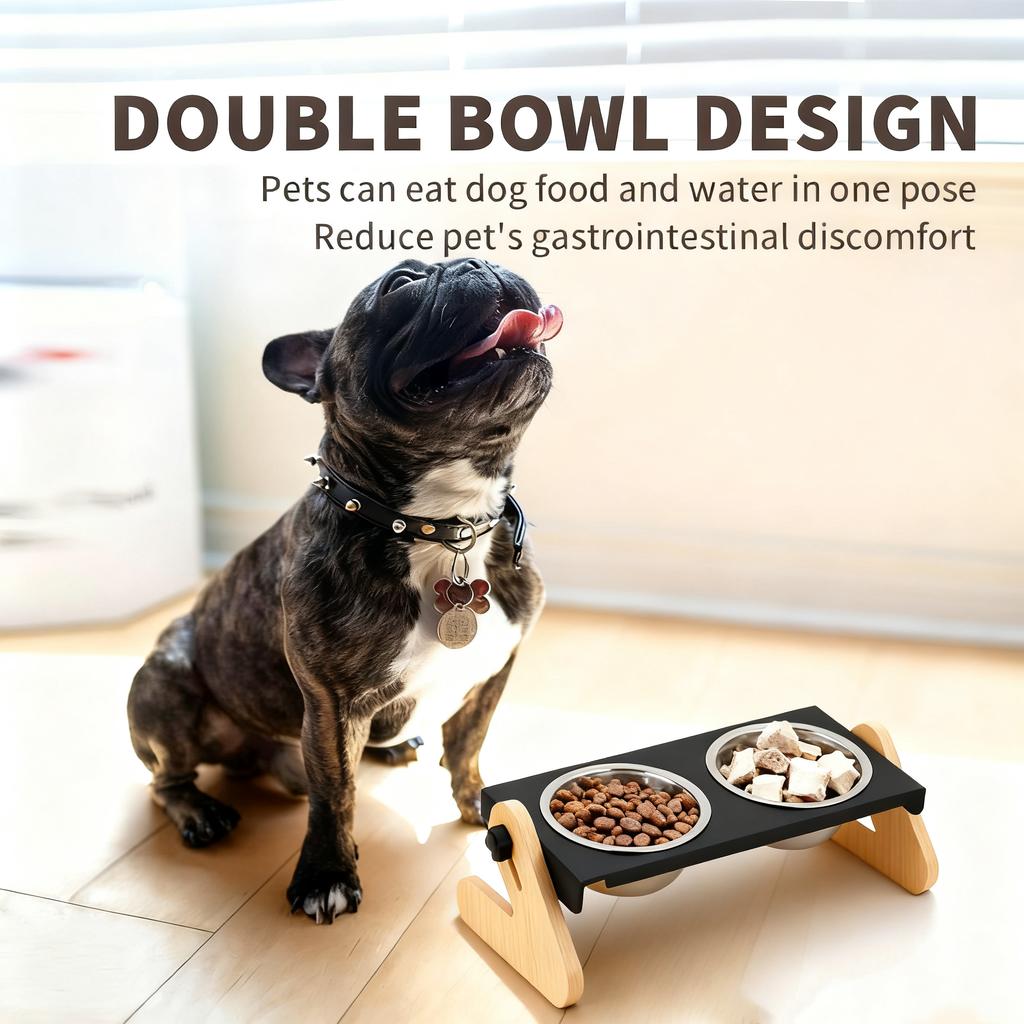 Elevated Pet Feeder Dog Cat Bowls Stainless Steel For Food And Water Wooden Frame