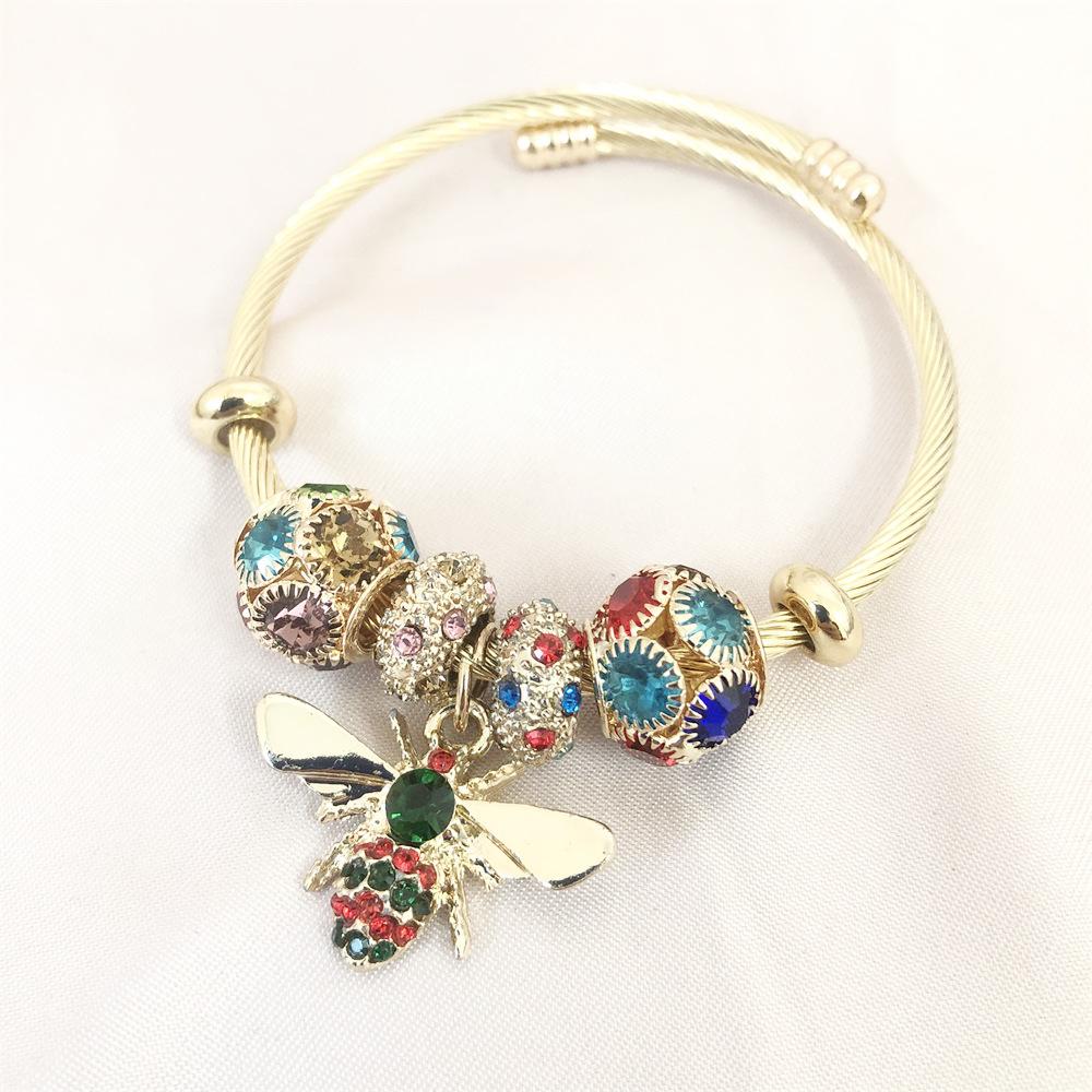 18K Gold Bee Pendant Bracelet with Zircon Rhinestones in Titanium Stainless Steel