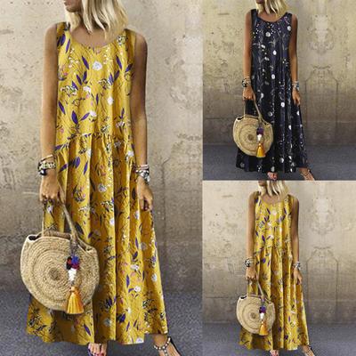Women Plus Size Bohemian  Floral Print Vintage Sleeveless Long Maxi Dress