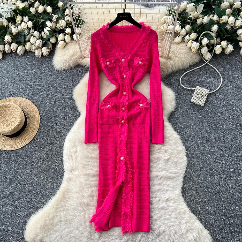 Neue Damenkleider Herbst Winter Vintage Patchwork Strick-Midikleid Elegant V-Ausschnitt Damen Rüschenhemd Pulloverkleid