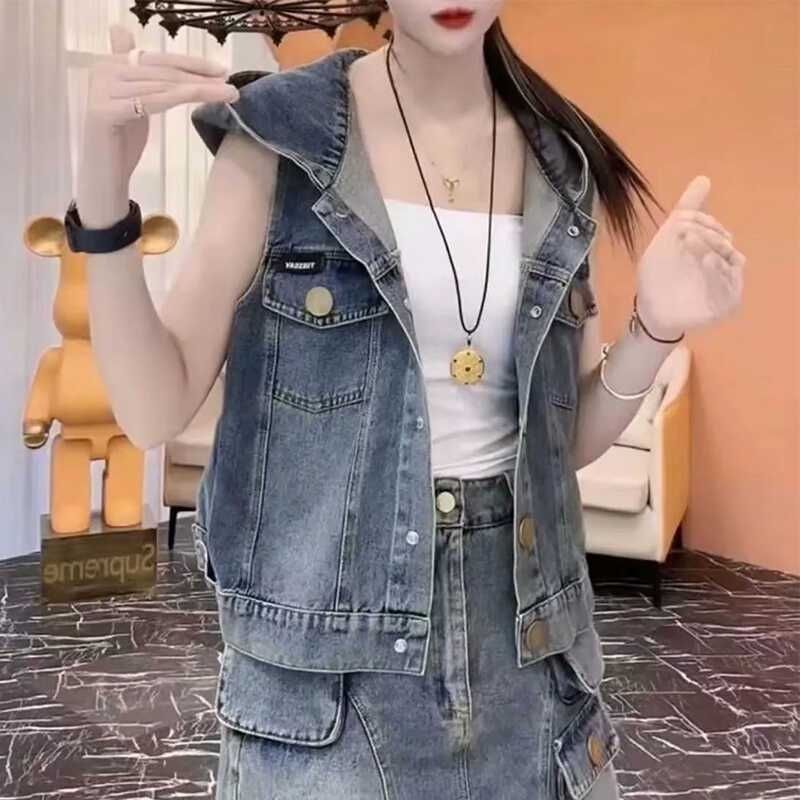 Fashion Denim Vest Women Summer Hooded Thin Lightweight Korean Style Backless Casual Jacket
