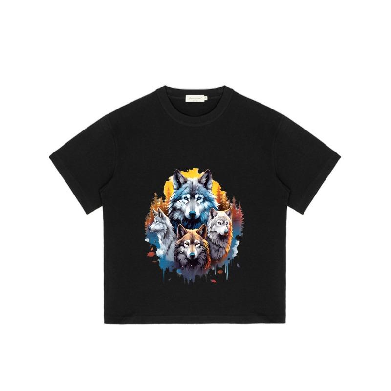 Wolf Print T Shirt Black Four Wolves and Autumn Forest Design for Casual Wear