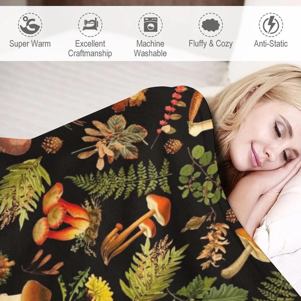 Vintage Toxic Mushrooms Forest Pattern On Black Throw Blanket For Sofa Thin Hairy Blankets
