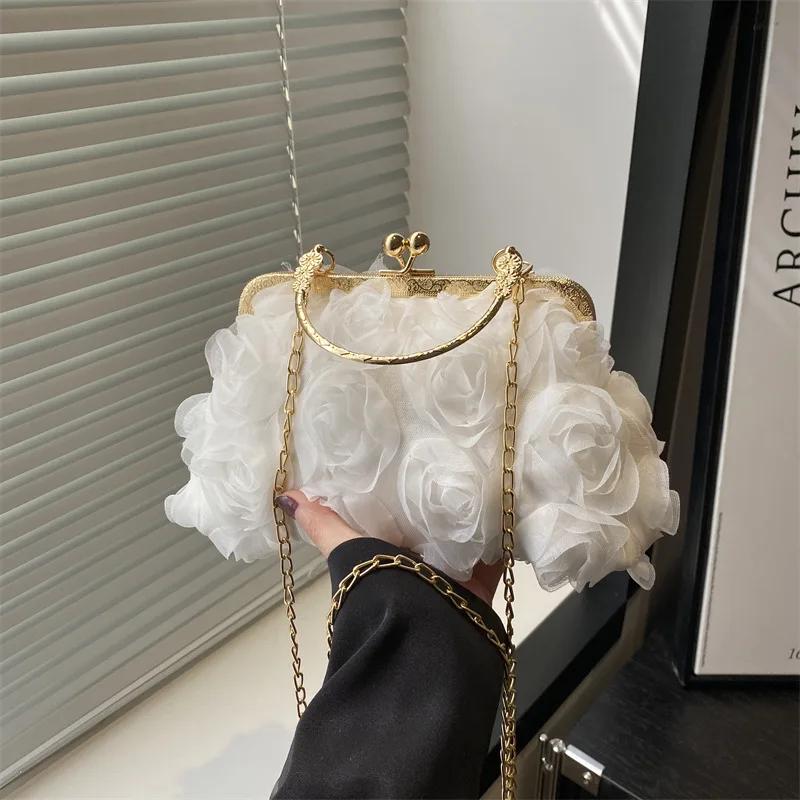 Luxe Dames Ketting Schoudertas Chiffon 3D Bloemen Banket Tas Mode Avondtassen Mode Cluch Handtas Trendy Crossbody Tas wit