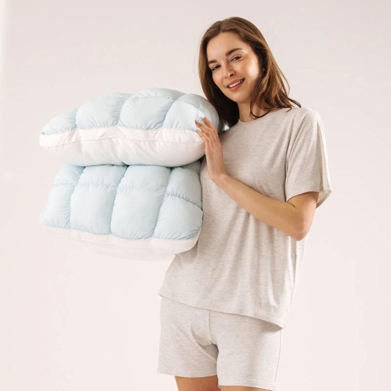 Sleeping Bed Pillow 48 x 74 cm with Quilted Square Checkered and Fiber Fill for Adult Guest Room and Bedroom Bedding