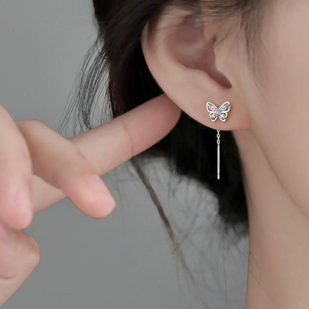 925 Silver Needle Zircon Butterfly Short Chain Tassel Stud Earrings For Women Classic Fine Jewelry Light Luxury Accessories