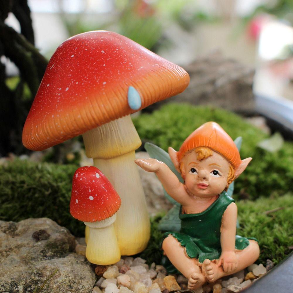 Resin Mushroom Fairy Statue Cartoon Miniature Figurine Sculptures Mushroom Doll Set  Gift