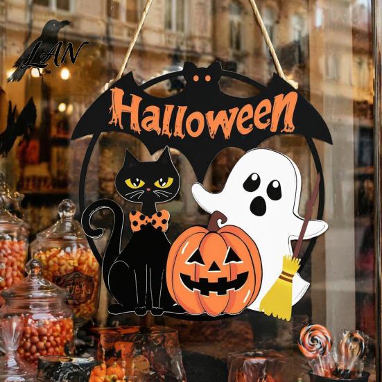Waterproof Festive Wall Art Halloween Wood Hanging Ornament with Ghost Pumpkin Bat Cat Prints, Durable Indoor Outdoor Decor Front Door Sign