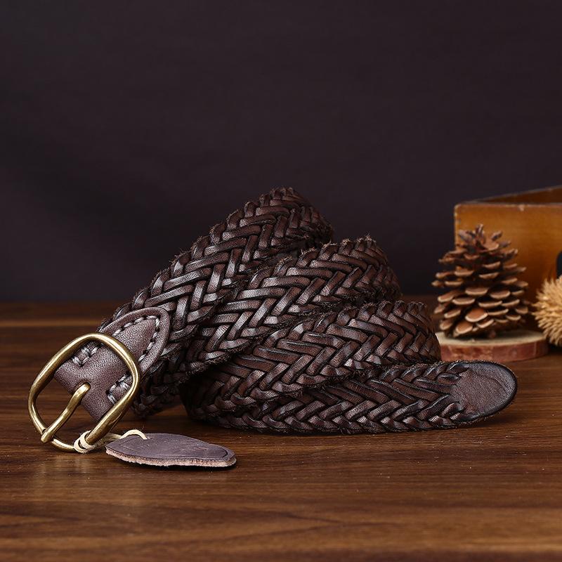 New Leather Copper Buckle Handwoven Belt Women'S Leather First Layer Cowhide Versatile Retro Woven Jeans Belt