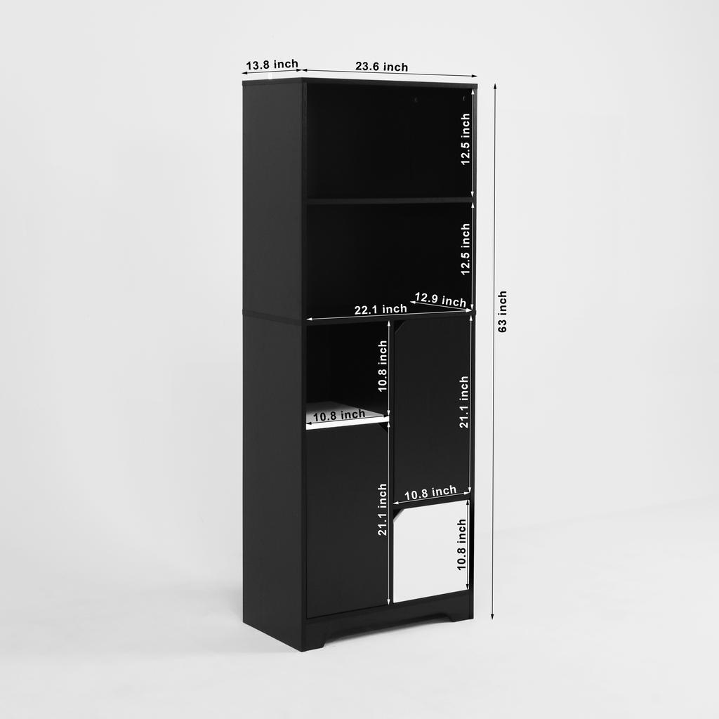 Multifunctional Bookshelf with Open Storage, Doors and Drawers, Black-White, Modern Style, Storage Cabinet for Bedroom and Living Room