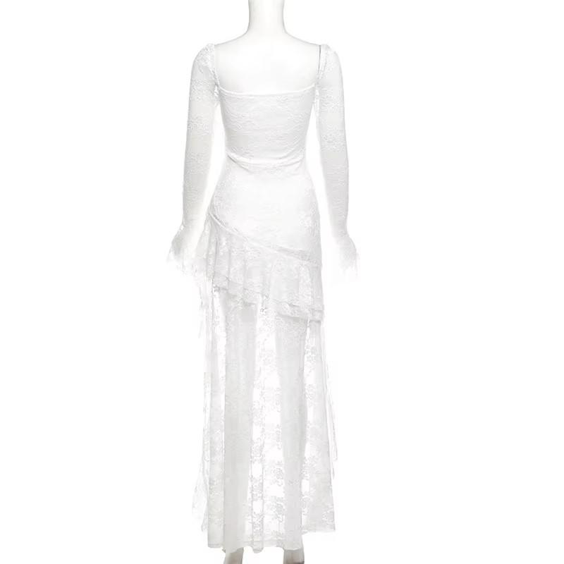 Gotické gotické šaty s dlouhým rukávem a čtvercovým výstřihem do V, sladké dámské šaty s nepravidelným dlouhým lemem a krajkou