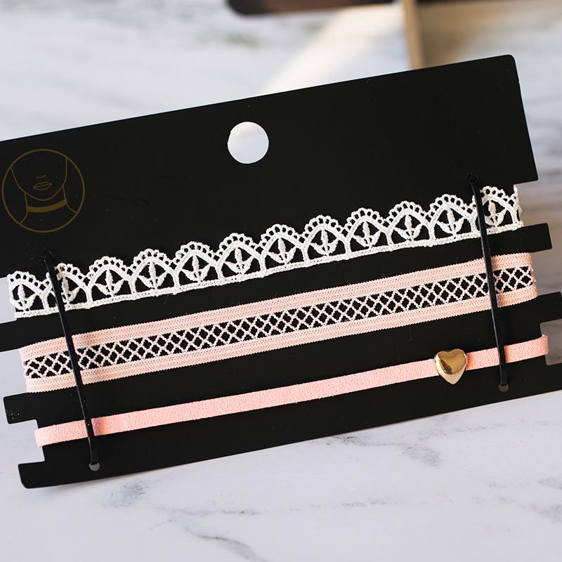 

Розовое кружевное сердце кожаный чокер трио: Японский стиль мягкой девушки