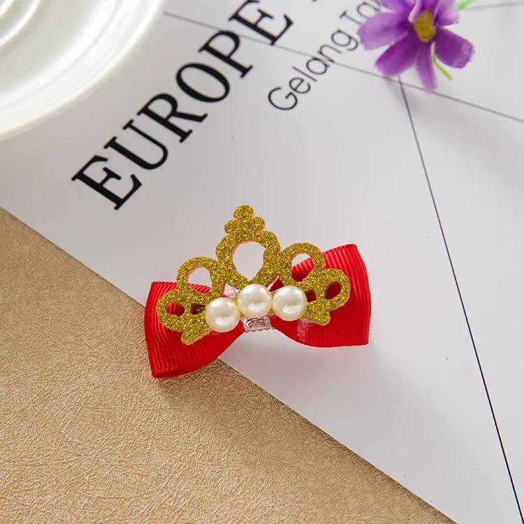 1Pcs Baby Girls Children Shiny Crown Rhinestone Hairpins Princess Ribbon Bow Crystal Hair Clip Pearl Barrette Accessories красный