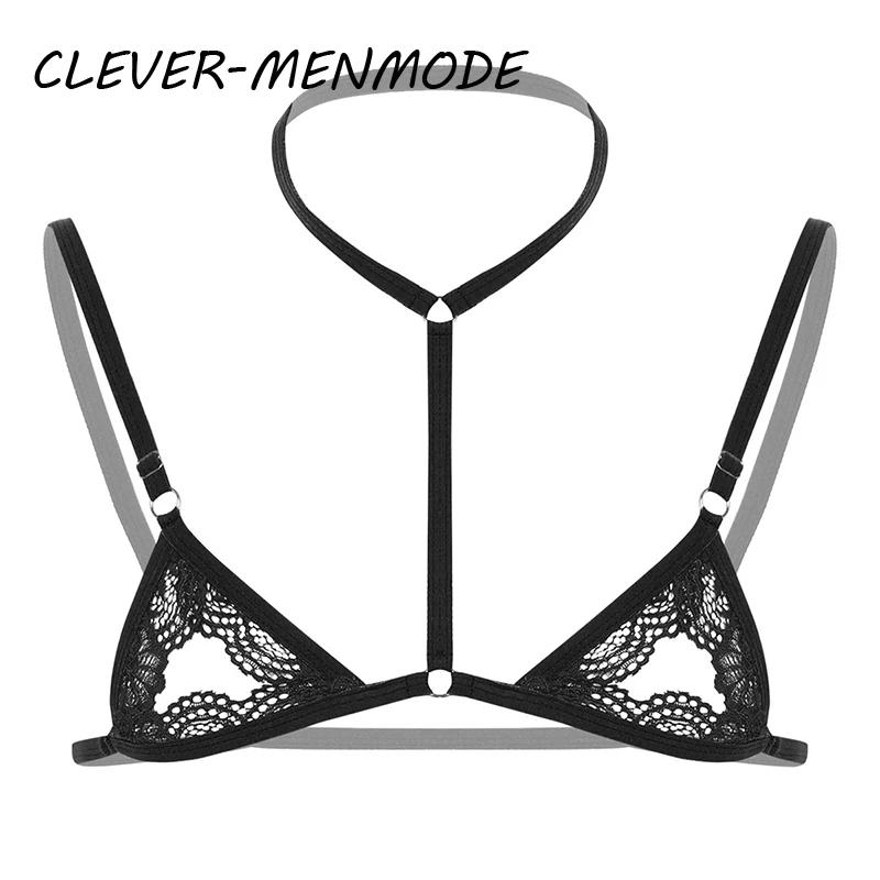 Sexy Mens Sheer Lace Lingerie Exotic Open Bras Gay Sissy Nightwear Halter Neck Adjustable Straps Wire-free Unlined Mini Bra Top