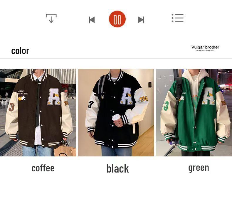 Men's Retro Autumn Baseball Jacket with Embroidered Lettering and Contrast Stitching
