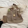 Women Knitted Tote Bag Crochet Shoulder Bag with Flower Decor Hollow Out Handbag Casual Beach Bag Outdoor Travel Bag