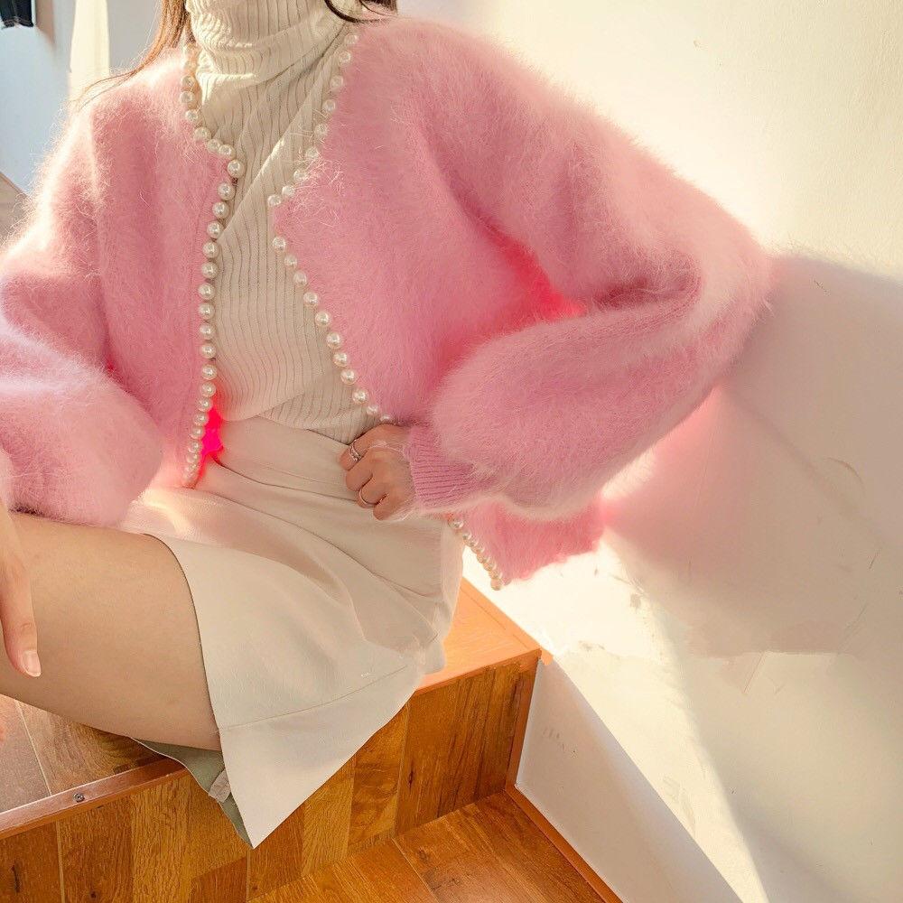 2022 Ladies Pearl Knit Lantern Sleeves Imitation Mink Fleece Sweater Cardigan Jacket Women