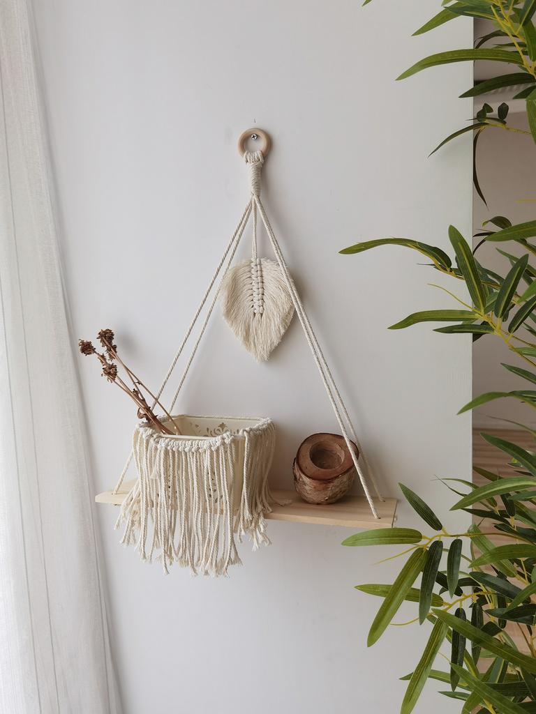 Schwebendes Wandregal mit gewebter Quaste in Blattform, Pflanzen-/Blumentopf-Tablett, Holz-Präsentationsständer, Boho-Modern-Heimdekoration, Wanddekoration